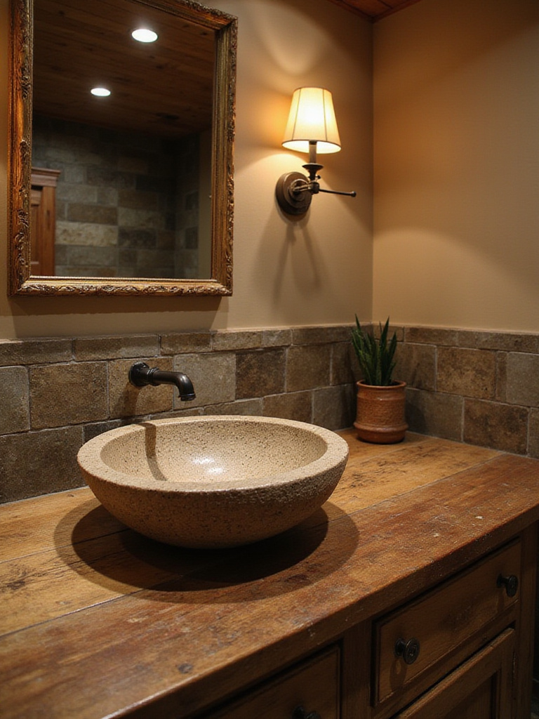 Rustic bathroom with a natural stone vessel sink on a reclaimed wood vanity.