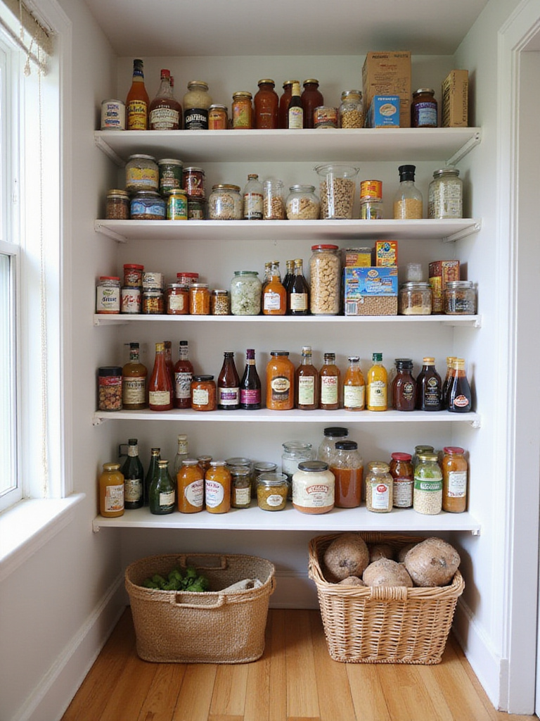 Organized kitchen pantry shelves showing heavy items like cans, jars, and bottles stored on the lower shelves for stability. Lighter items are on upper shelves.