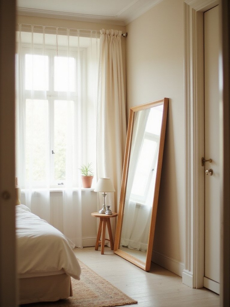 Small bedroom with full-length mirror reflecting light and creating depth.