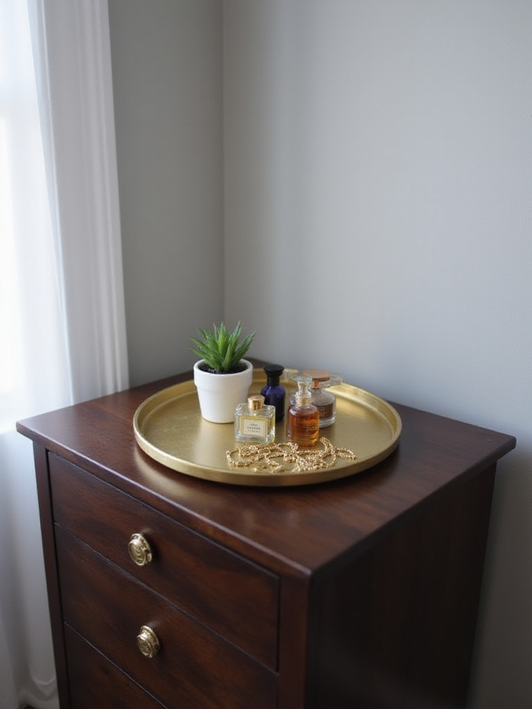 Dresser top styled with a gold tray containing perfume, jewelry, and a succulent.