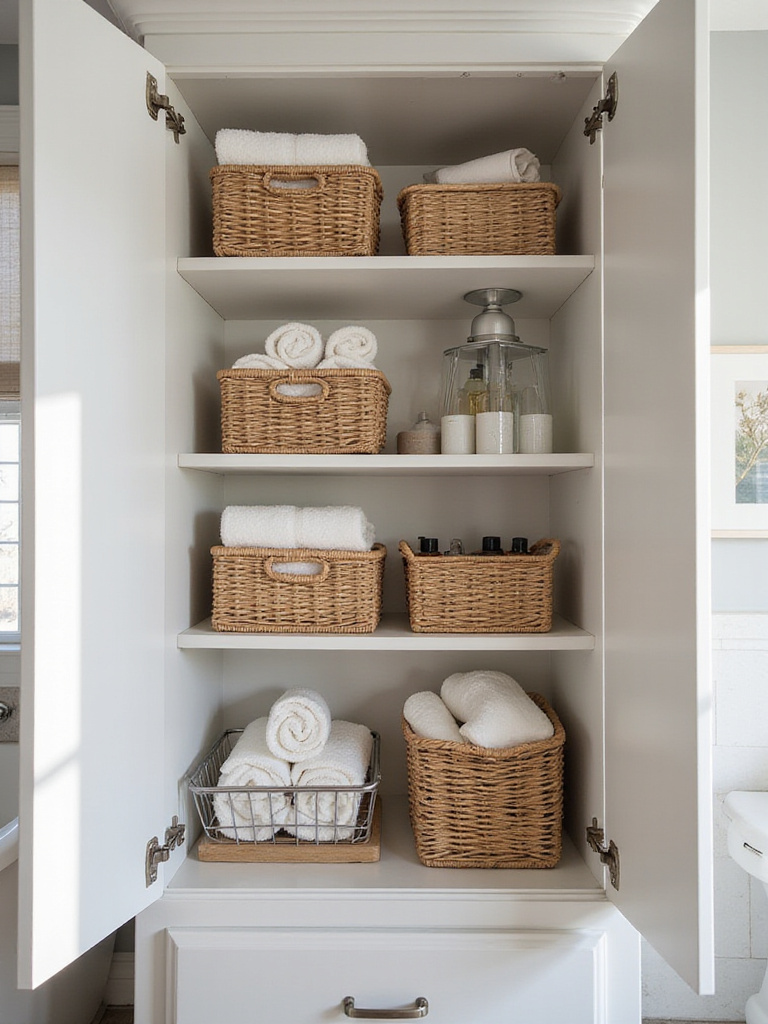 Open bathroom vanity cabinet with shelves organized using stylish woven and wire baskets containing toiletries and towels.
