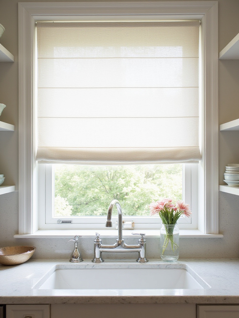 Modern kitchen with white Roman shade window treatments.