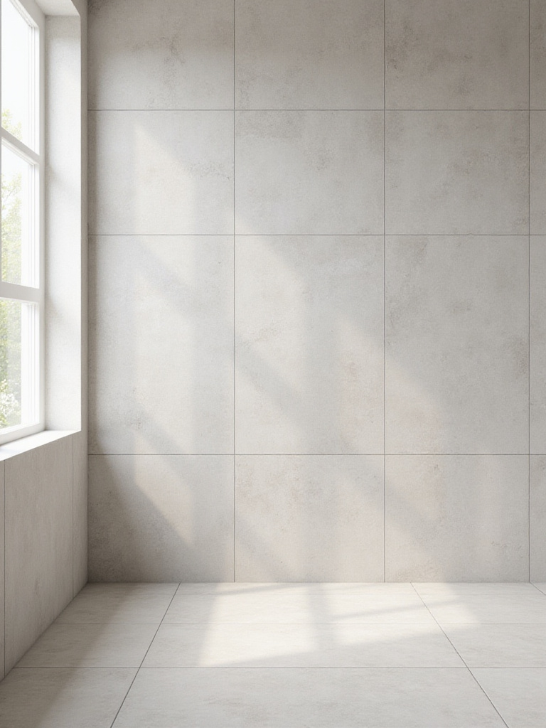 Large format light grey bathroom tiles with subtle, matching grout creating a seamless, expansive wall surface.