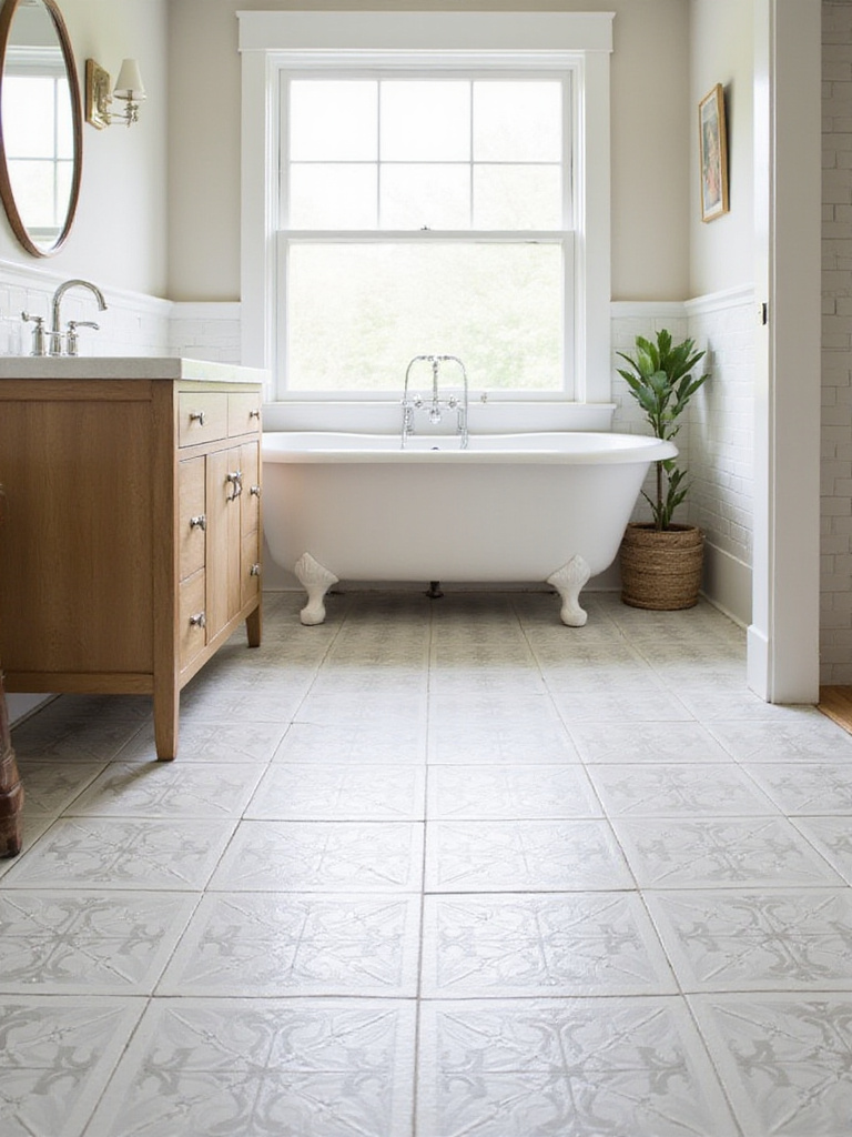 Farmhouse bathroom with subtle gray and white patterned floor tiles, a white clawfoot tub, and a wood vanity, showcasing a classic yet stylish design.