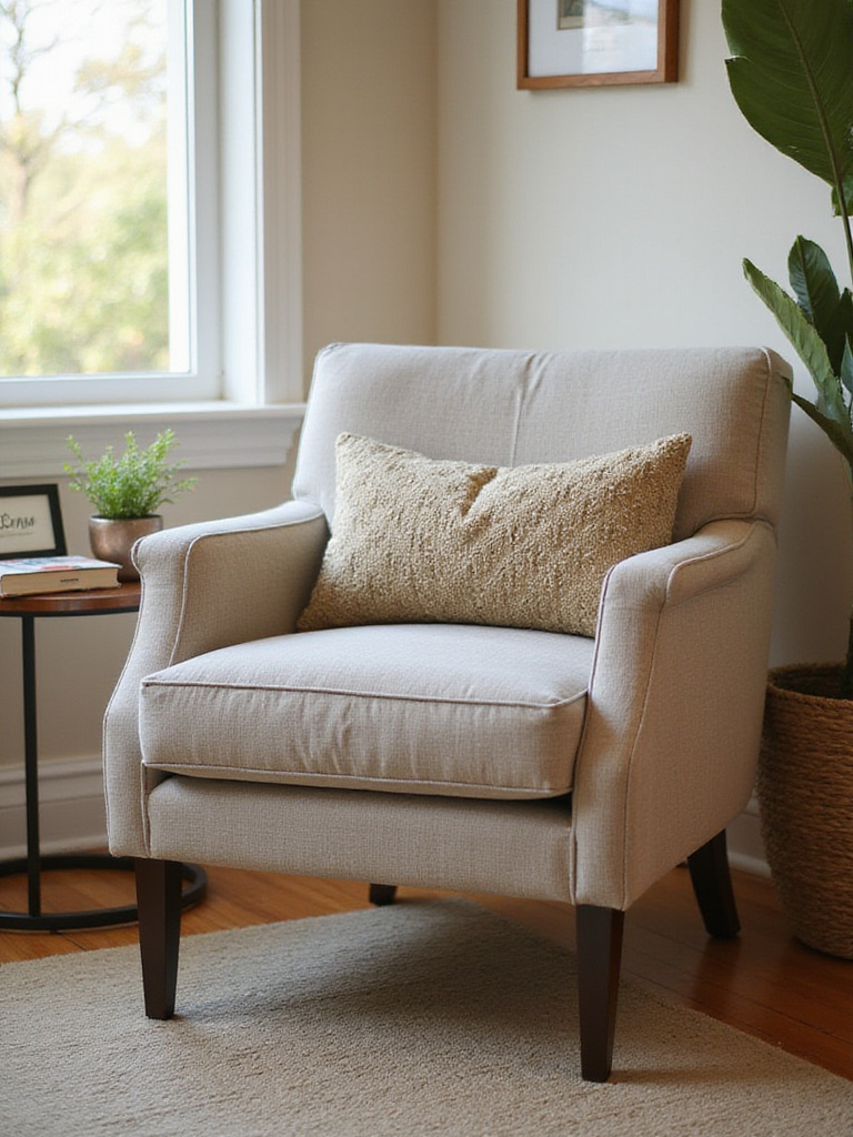 A comfortable accent chair in a living room featuring a stylish lumbar pillow for support and decor.