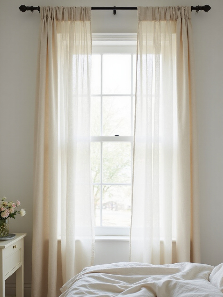 Bedroom window with flowing linen curtains