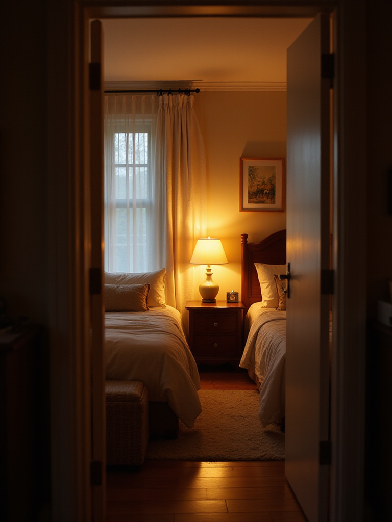 Bedroom illuminated with warm, inviting light from bedside lamps, creating a relaxing atmosphere.