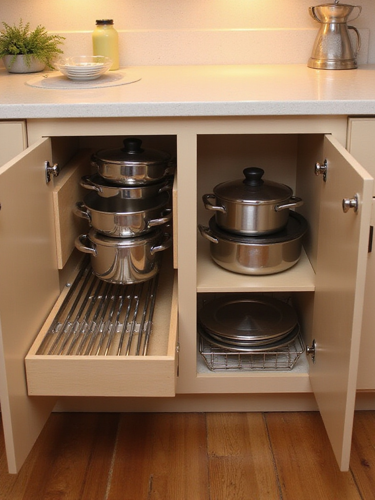Organized kitchen cabinet with a pull-out drawer using vertical dividers to neatly store pots, pans, and lids.