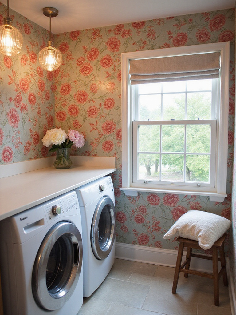 Elegant laundry room showcasing vibrant floral wallpaper under warm ambient lighting.