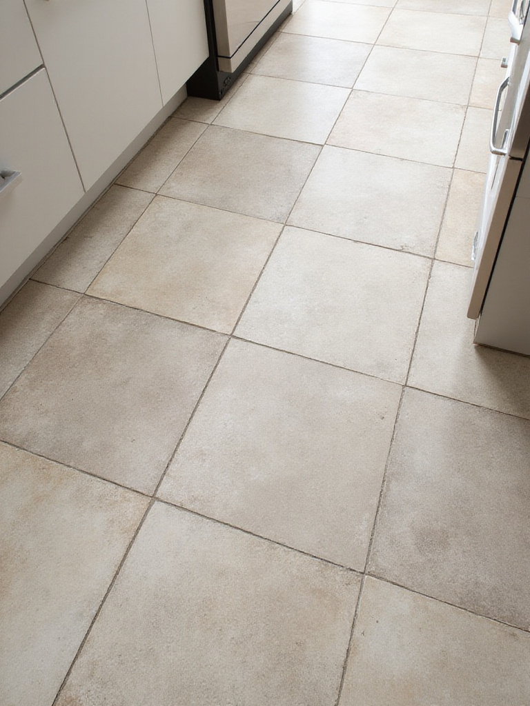Kitchen floor tiles showing two different grout color options: one section with matching grout for a seamless look, and another with contrasting dark grout highlighting the tile pattern.