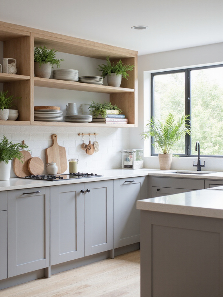 Modern kitchen design with a mix of open shelving and closed cabinets.