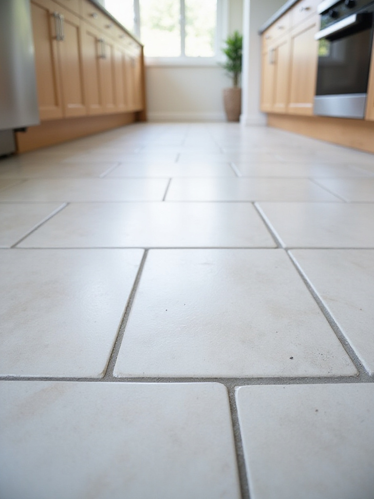 Clean and well-maintained light gray kitchen floor tile with medium-gray grout.