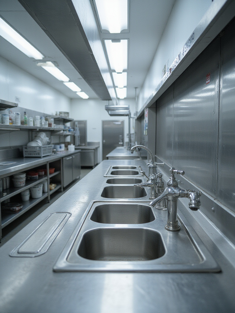 Large stainless steel three-compartment sink in a clean industrial kitchen, showing separate wash, rinse, and sanitize bowls.