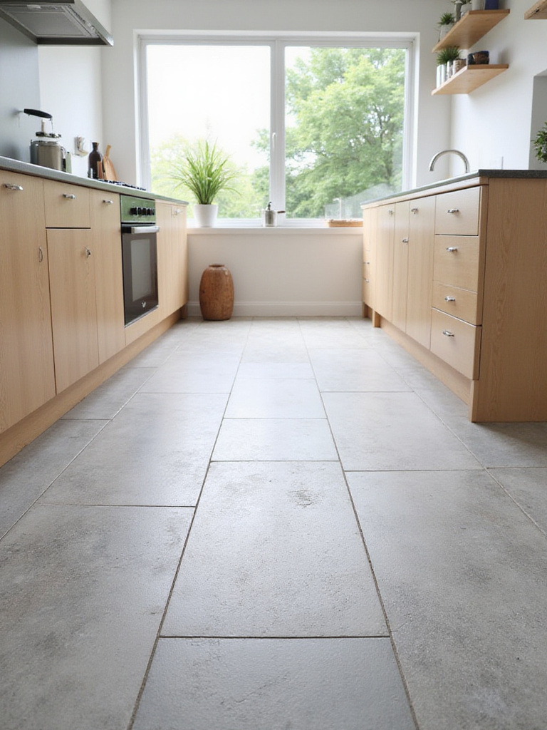 Kitchen floor featuring a herringbone tile pattern in neutral gray tones.