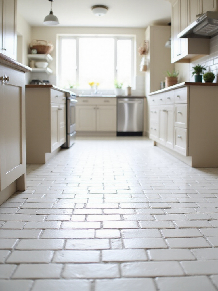 Classic white subway tile floor in a bright, modern kitchen with shaker cabinets and an island.