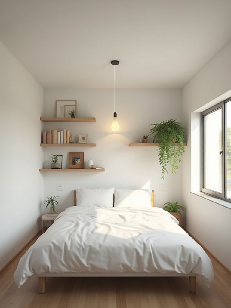 Small bedroom design utilizing ceiling space with floating shelves and pendant lighting.