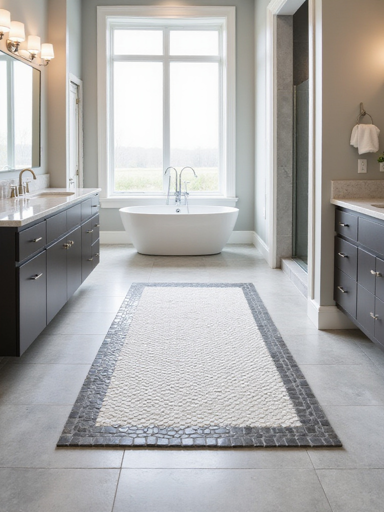 Modern bathroom floor with a decorative hexagonal marble mosaic tile rug inset in front of a grey double vanity, defining the space.