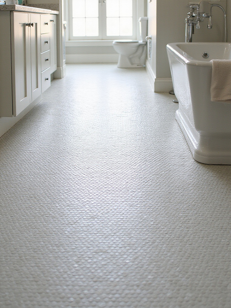 Bathroom floor covered in tiny circular penny tiles, showcasing the unique texture and pattern created by the small tiles and grout lines.