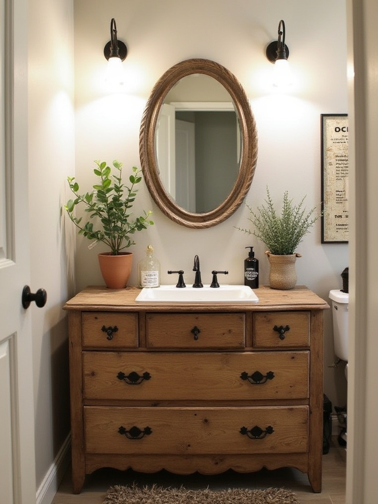 Farmhouse bathroom featuring a unique vanity made from an old dresser with rustic decor.