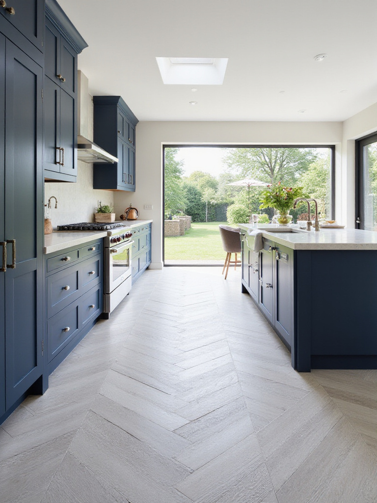 Modern kitchen floor featuring light gray wood-look herringbone tile pattern.