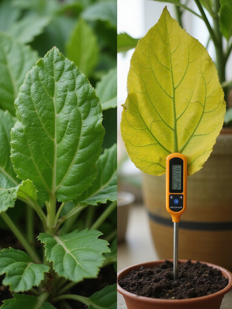 Troubleshooting common container gardening issues by examining yellowing leaves on a vegetable plant and using a soil moisture meter.