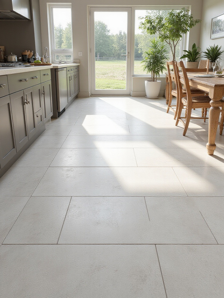 Modern kitchen floor tiled with large format light grey porcelain tiles, showcasing durability and cleanliness in a well-lit domestic space.