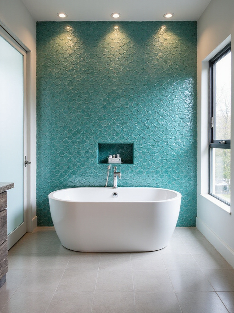 Luxurious bathroom with a teal fish scale tile accent wall behind a modern freestanding bathtub.