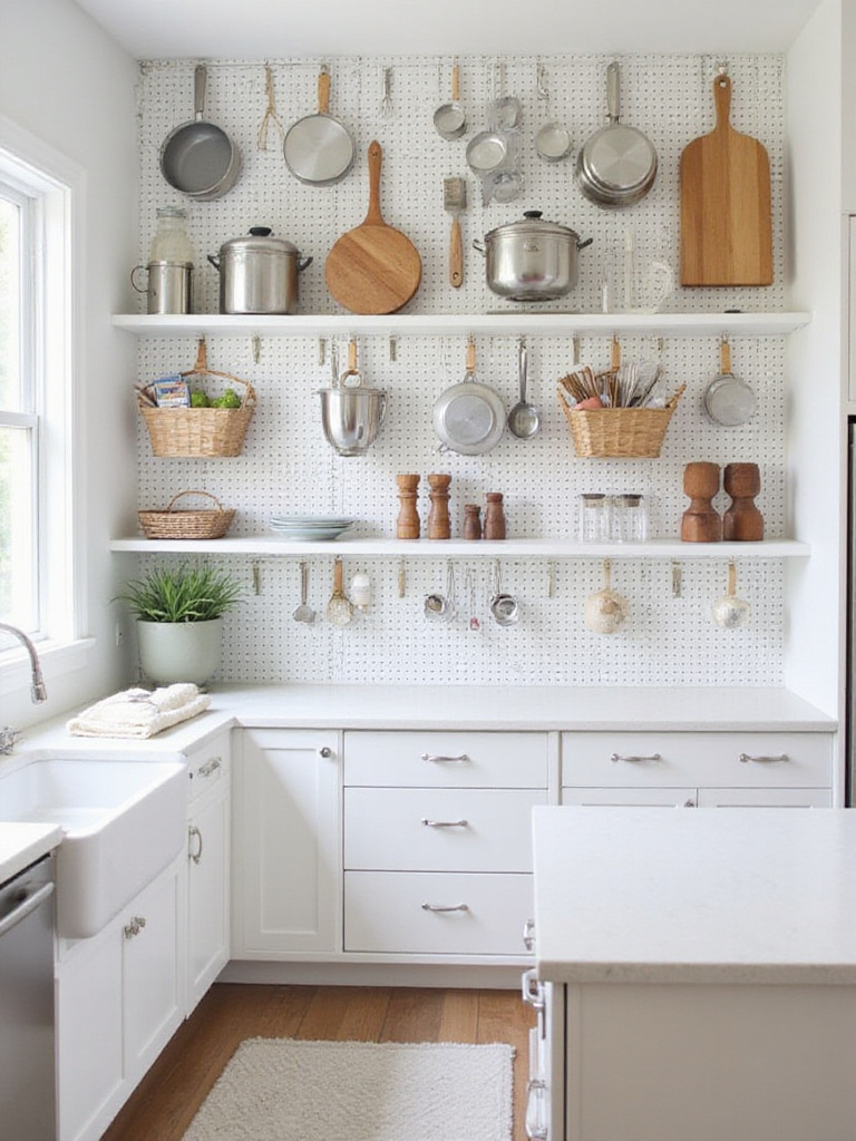 White painted pegboard kitchen storage wall displaying pots, pans, utensils, and cutting boards, maximizing vertical space.