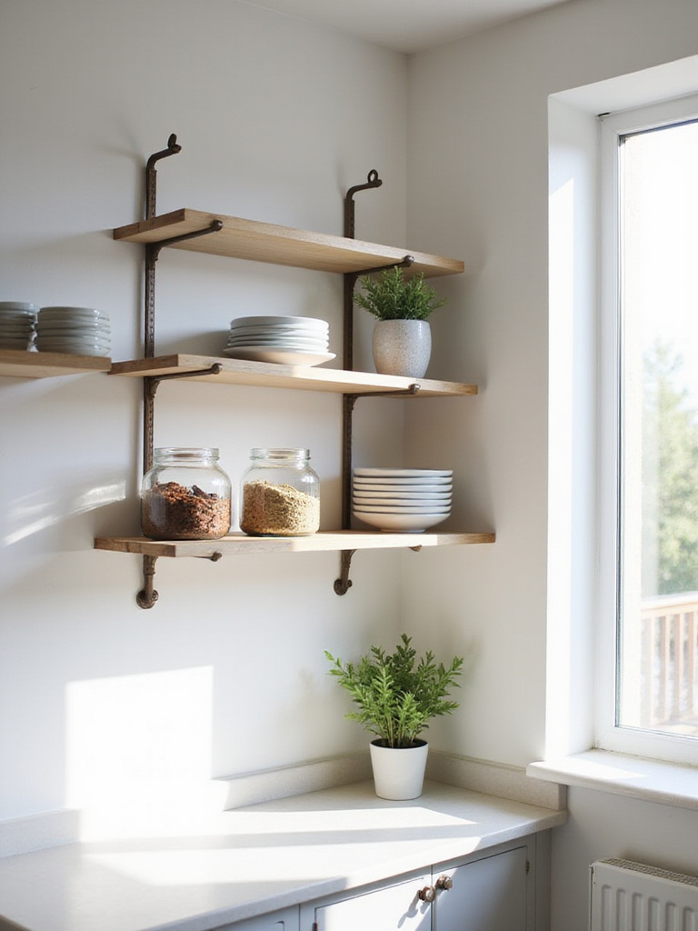 Modern kitchen wall featuring open wall-mounted shelves displaying neatly arranged dishes, glasses, and decorative items, demonstrating effective vertical storage.