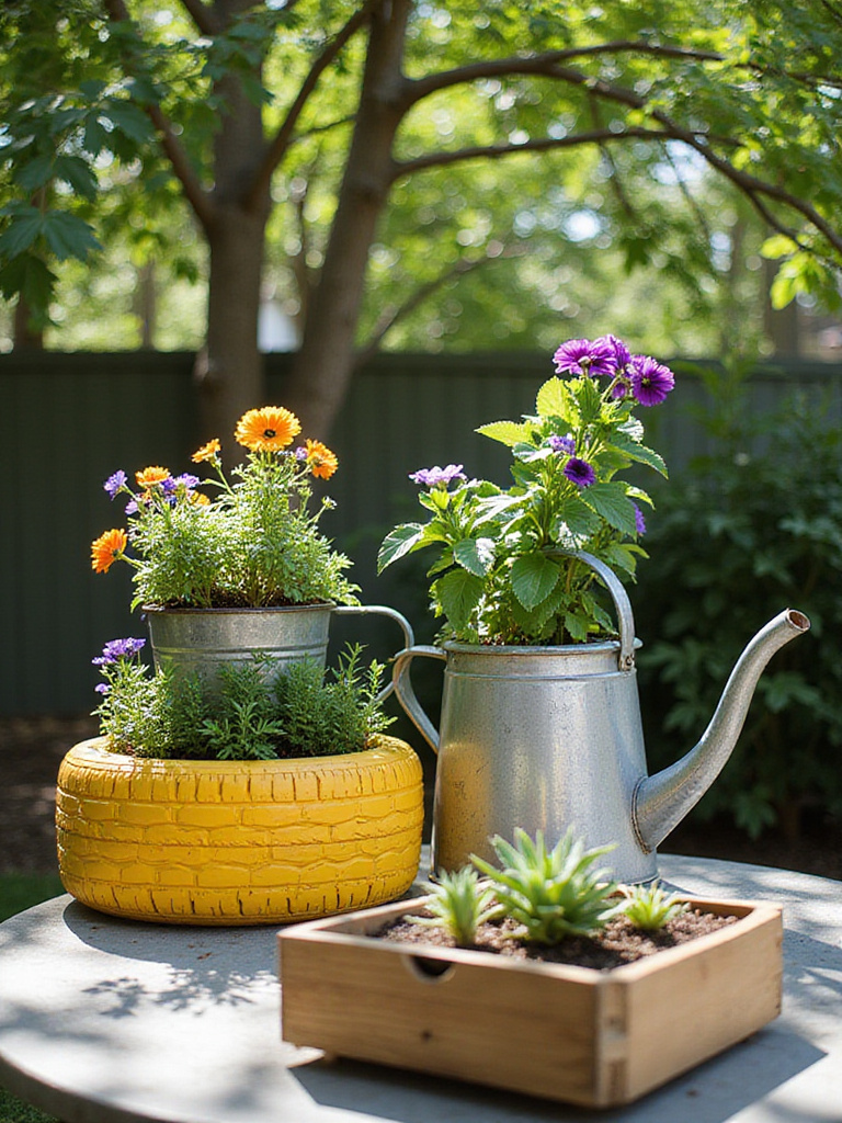 Upcycled planters in a backyard garden, including a tire planter, watering can planter, and dresser drawer planter.