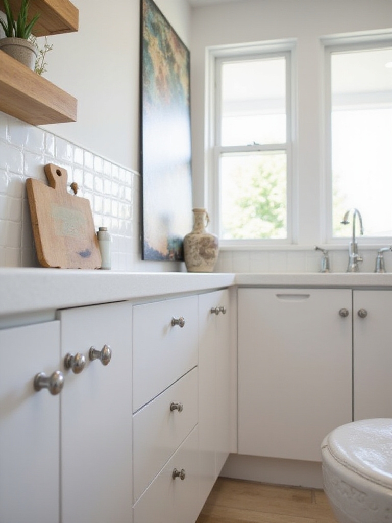 Modern kitchen showcasing updated cabinet hardware with knobs and pulls.