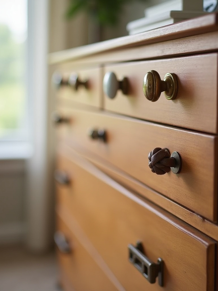 Updated dresser drawer pulls with brass, ceramic, and leather strap styles.