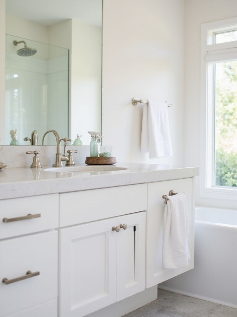 Modern bathroom vanity with a stylish new faucet, coordinating towel ring, and drawer pulls in a brushed brass finish, showcasing a quick fixture update.