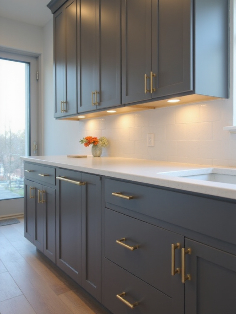 Modern kitchen with dark grey cabinets and brushed brass hardware