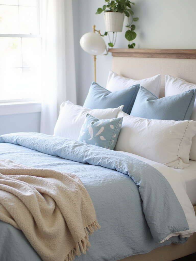 Comfortable and stylish bedding in a bright and airy bedroom.