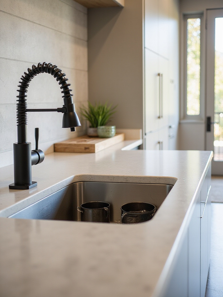 Modern kitchen with large stainless steel undermount sink and high-arc pull-down faucet for enhanced functionality.