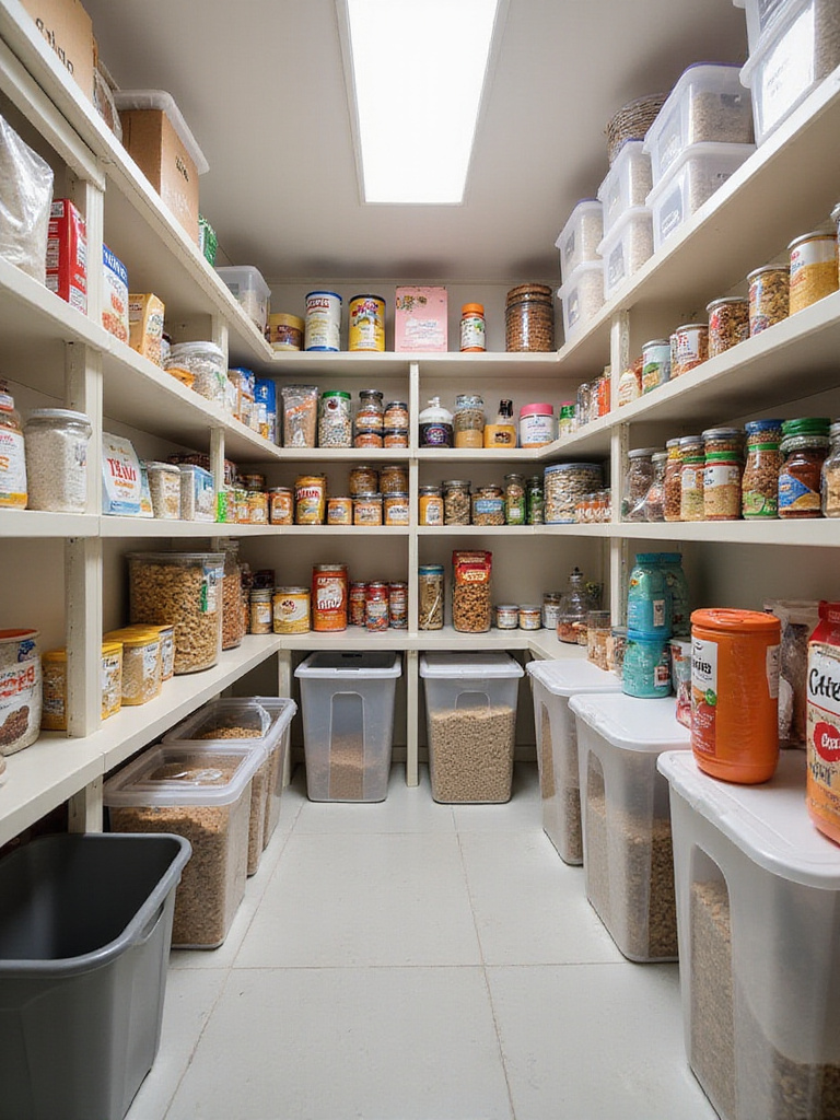 A neatly organized kitchen pantry showcasing various storage bins and totes holding bulk dry goods, snacks, and infrequently used items on shelves.