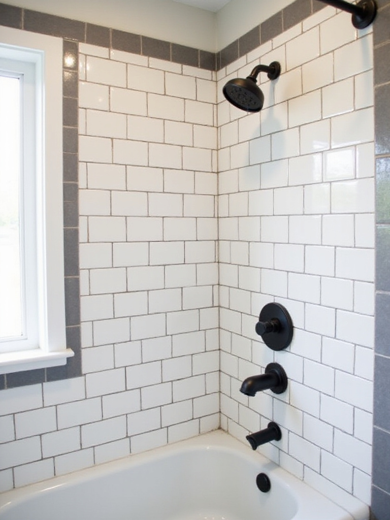 White subway tile with dark gray grout in an industrial bathroom shower