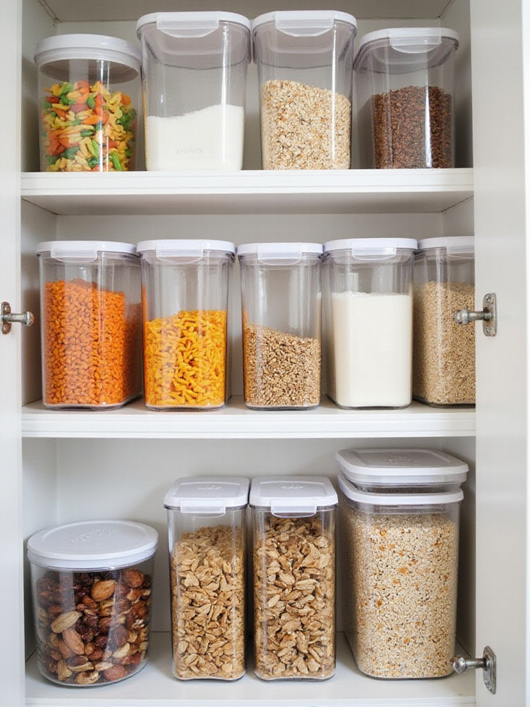 Organized kitchen pantry shelves showcasing clear, stackable containers filled with various dry goods like pasta, rice, flour, and beans.
