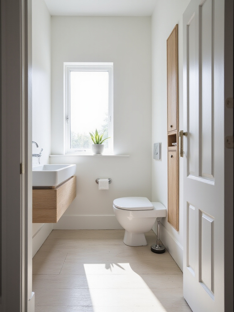A bright, modern small bathroom with a clever layout featuring a floating vanity, wall-mounted toilet, recessed shelving, and a visible pocket door track, maximizing the limited space.