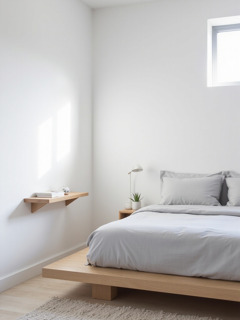 Small bedroom with floating nightstand, maximizing space.