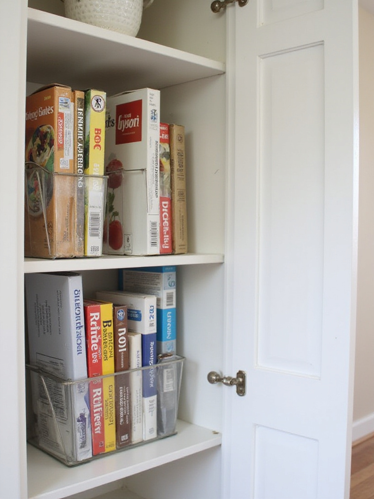 Magazine holders used for organizing boxes of foil, plastic wrap, and storage bags in a neat kitchen pantry.