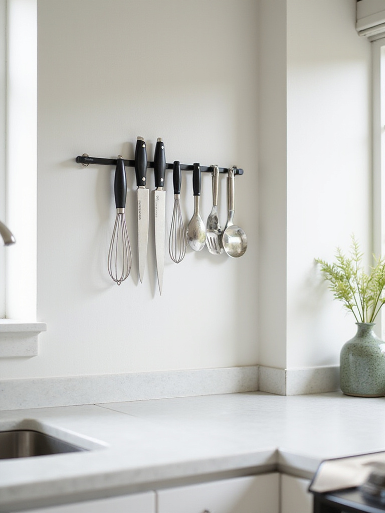 Magnetic strip mounted on a kitchen wall holding various knives and metal utensils, demonstrating space-saving storage.