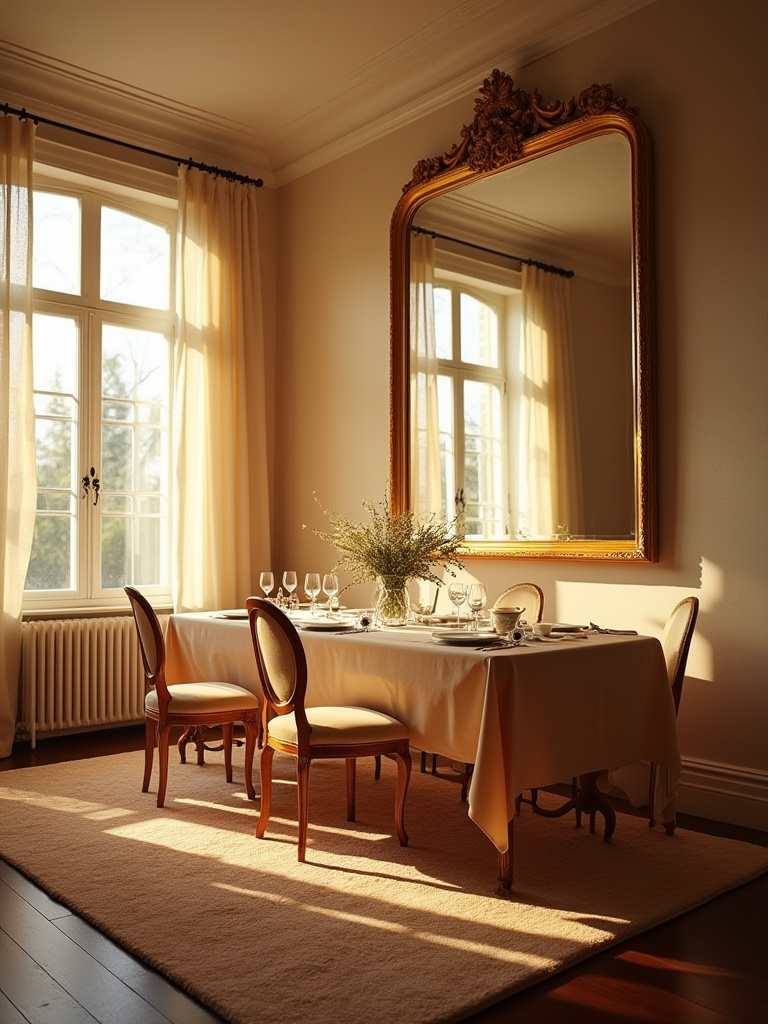 Elegant dining room featuring a large decorative mirror reflecting natural light and a set dining table, creating an illusion of enhanced space and brightness.
