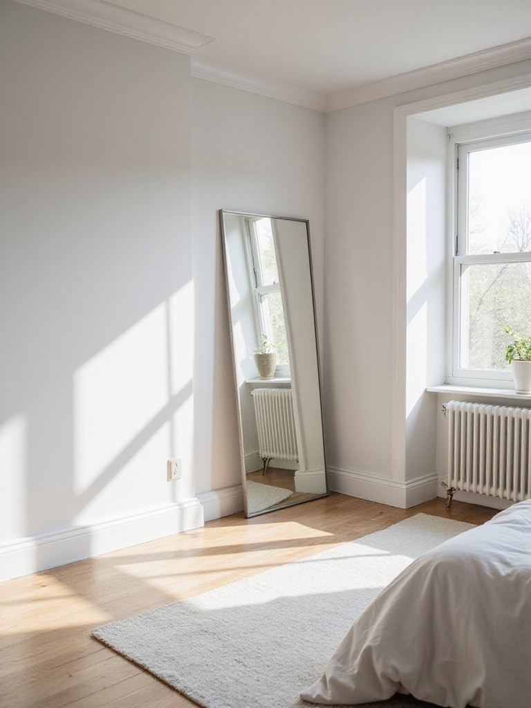 Small bedroom with a large leaning mirror reflecting a window, making the space appear larger and brighter.