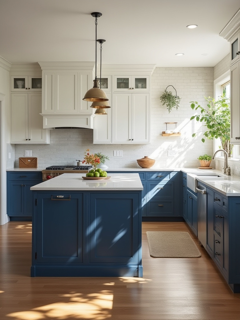 Modern kitchen with a navy blue island and white cabinetry showcasing strategic paint use.