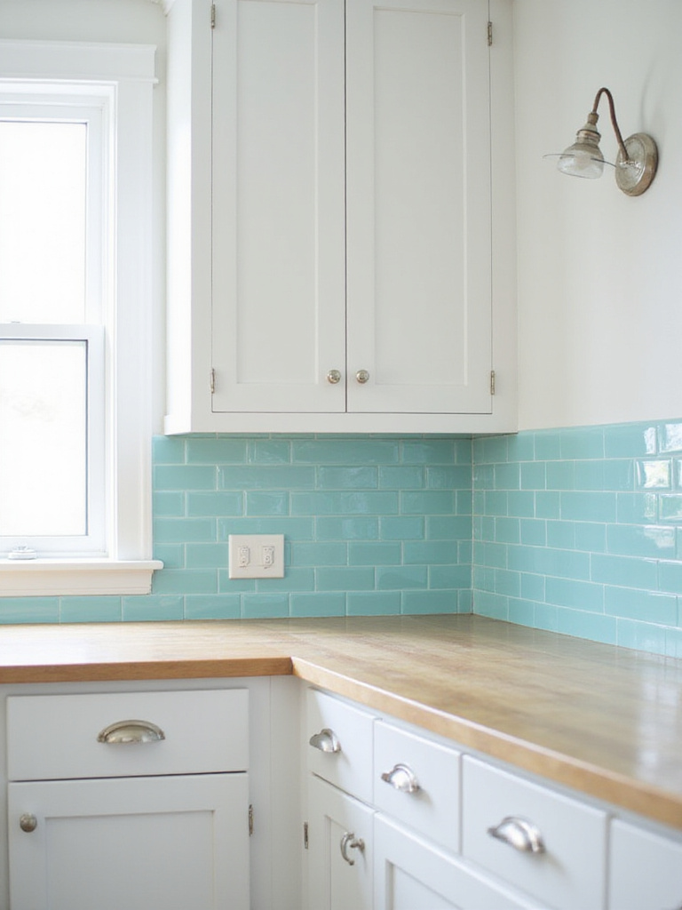 Kitchen backsplash featuring glossy subway tile in soft blue and seafoam green coastal hues.