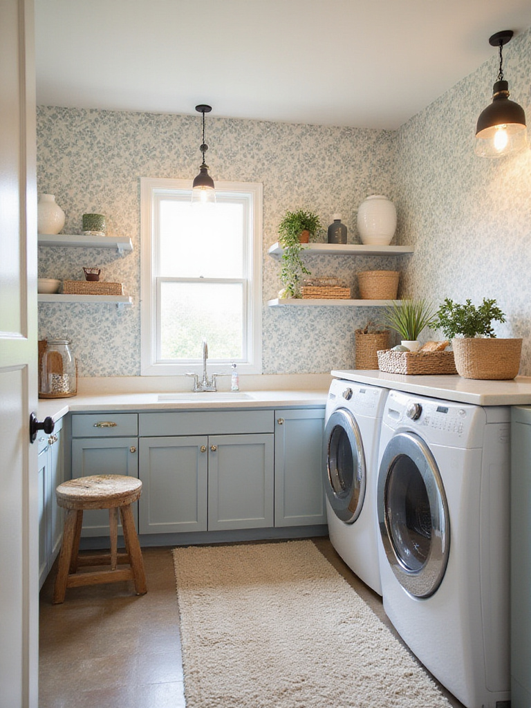 Stylish laundry room with budget-friendly wallpaper and modern appliances