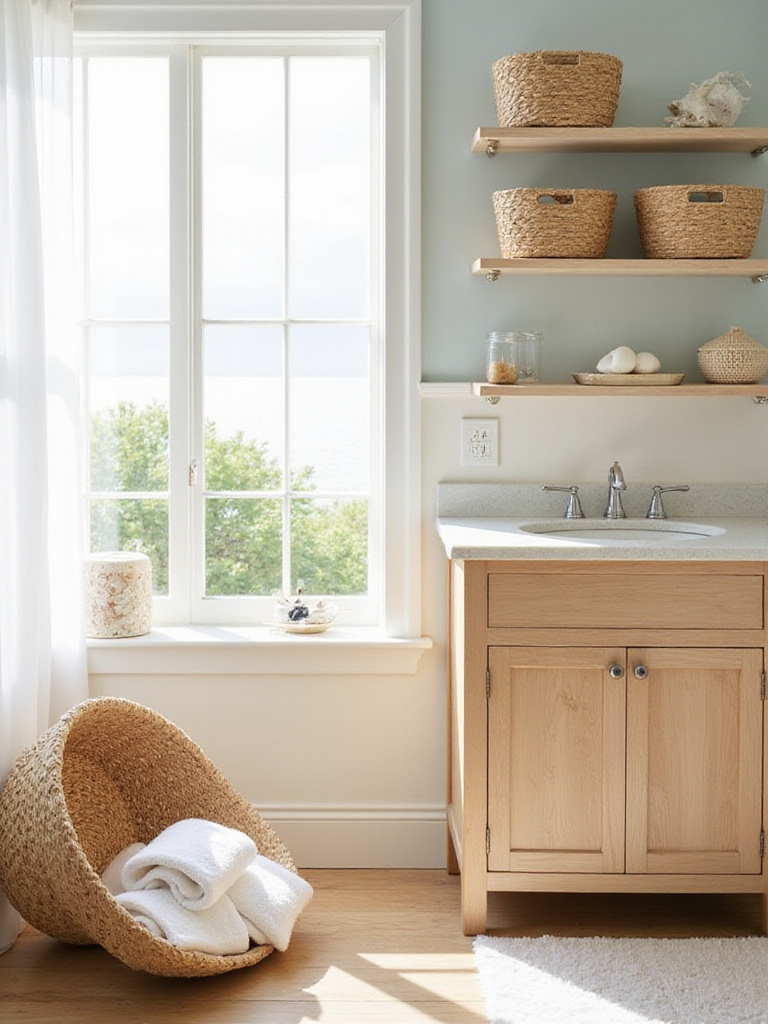 Coastal bathroom vanity area featuring natural woven baskets in various sizes used for stylish storage of towels and toiletries on the floor, shelves, and countertop.