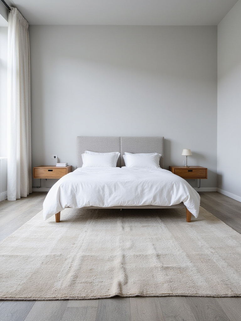 Small bedroom with a large area rug extending under the bed and nightstands, creating a cohesive and spacious feel.